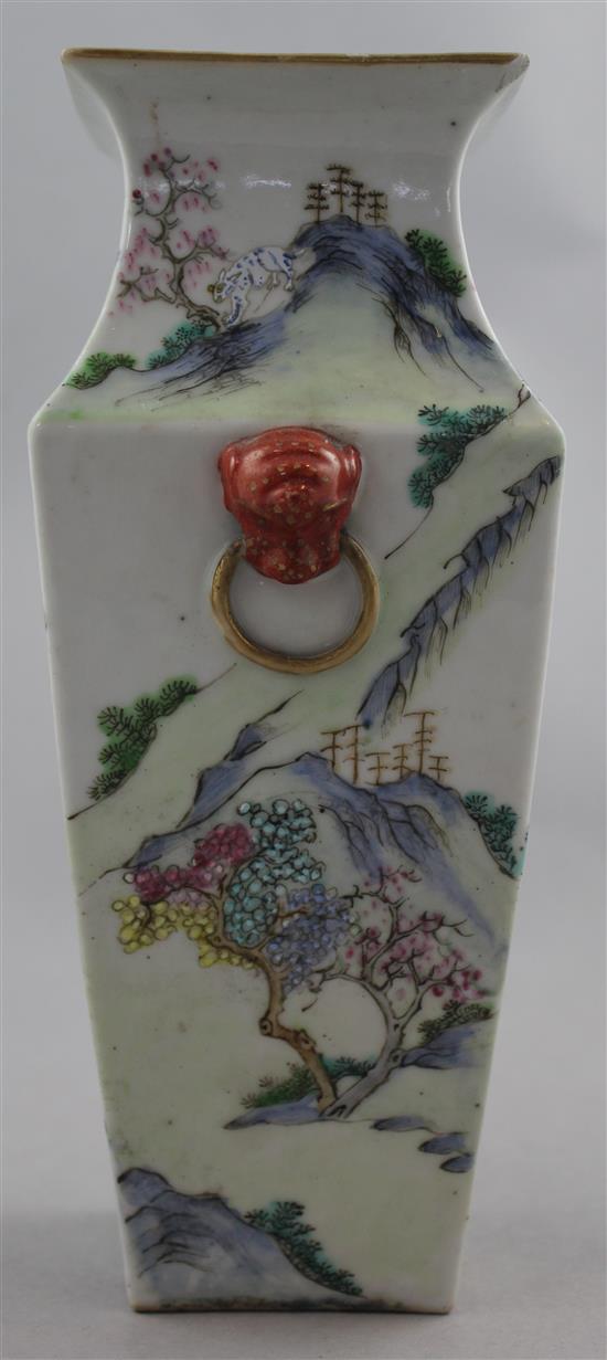 A Chinese famille rose square baluster vase, late 19th century, 23.7cm, chip to rim